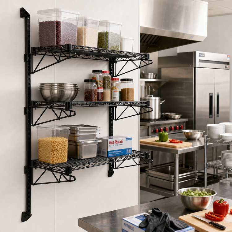 Product image #2 for Quantum Wall-Mounted Cantilever Wire Shelf Starter Unit with 3 Shelves, 54-Inch Posts, Black Epoxy Finish