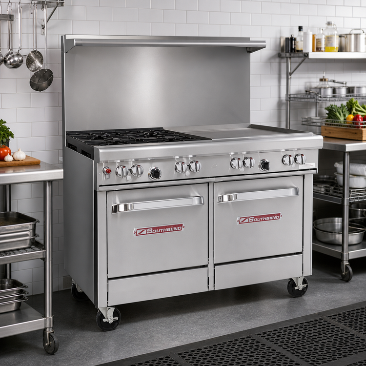 Product image #2 for Southbend Ultimate 48-Inch Gas Restaurant Range with 2 Star/Sauté Burners, 36-Inch Griddle, and 2 Space-Saver Ovens
