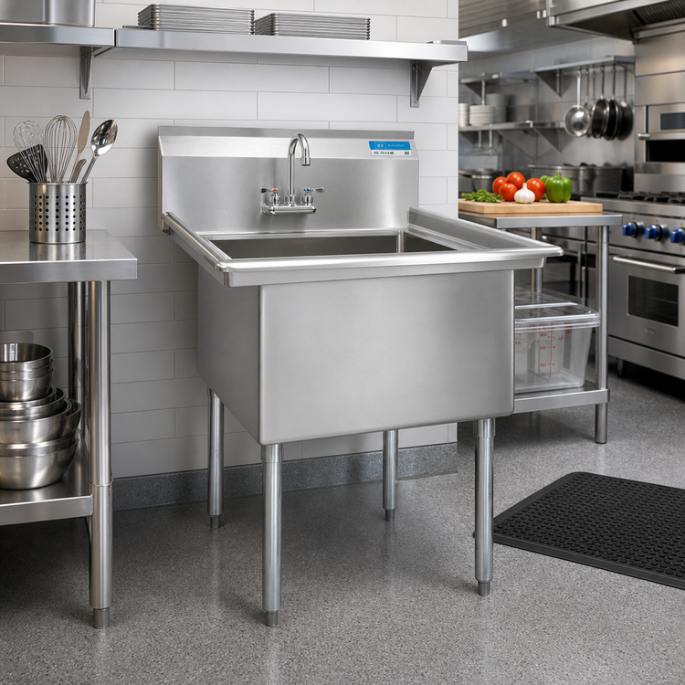 Product image #2 for BK Resources 1-Compartment Stainless Steel Sink with 20 x 20 x 12 Bowl, 9-Inch Backsplash, No Drainboards, Galvanized Legs