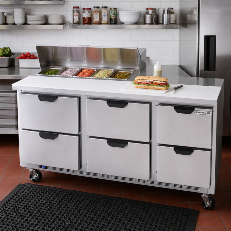 Product image #3 for Beverage-Air Three-Section Refrigerated Sandwich Prep Table with 6 Drawers, 72-Inch Standard Top