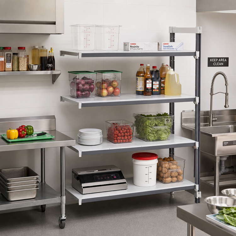 Product image #2 for Cambro Camshelving Elements XTRA 4-Tier Stationary Add-On Solid Polymer Shelving Unit, 72" W x 21" D x 72" H, Speckled Gray