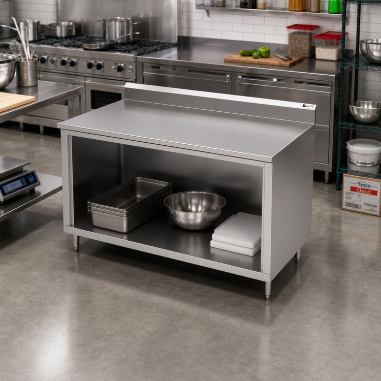 Product image #2 for John Boos Open Front Cabinet Base Work Table, 60 Inches x 30 Inches, 14/300 Stainless Steel Top, 5-Inch Backsplash