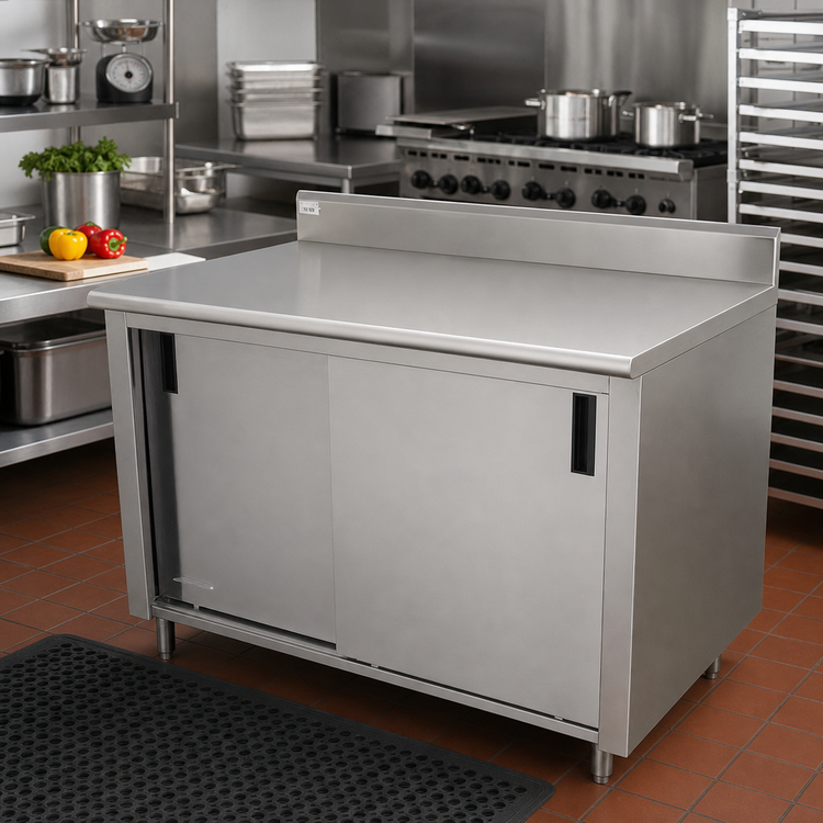 Product image #2 for Advance Tabco Special Value Series Enclosed Work Table with Cabinet Base, Mid-Shelf and Sliding Doors, 72 x 30 Inches, 16 Gauge 304 Stainless Steel Top, 5-Inch Backsplash