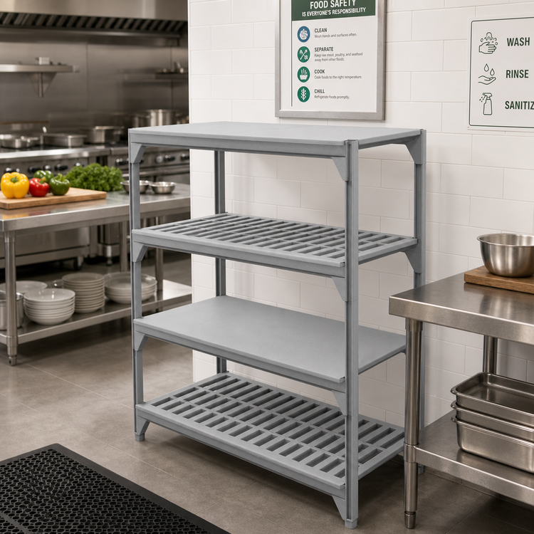 Product image #3 for Cambro Camshelving Premium 18" x 48" Polymer Shelf Kit, Vented and Solid, 4 Shelves, Speckled Gray