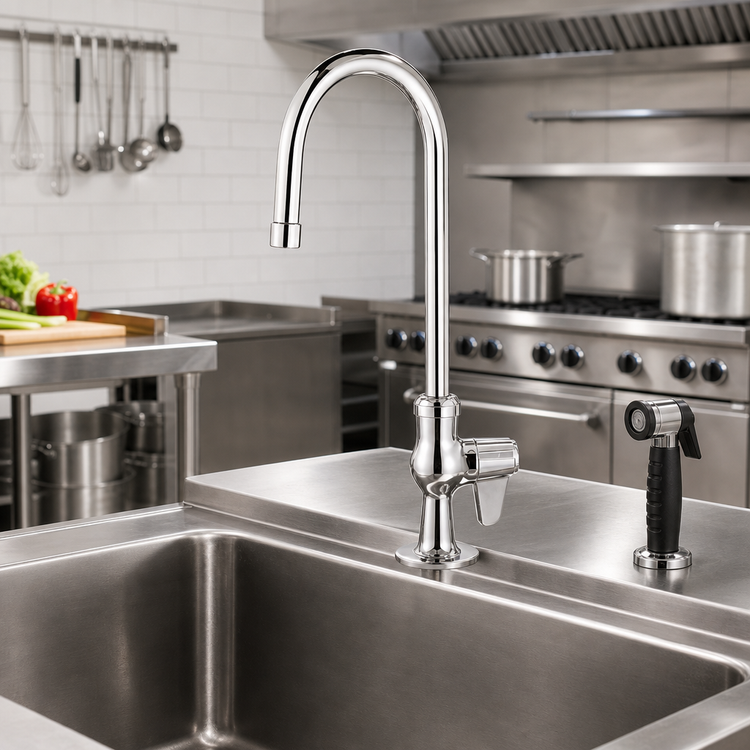 Product image #2 for T&S Brass Deck-Mount Single-Hole Swivel Gooseneck Low-Lead Manual Faucet with 0.5 GPM Vandal-Resistant Spray Device