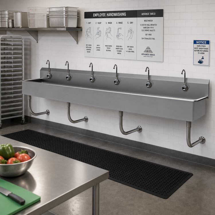 Product image #2 for Advance Tabco 6-Station Wall-Mounted Multiwash Hand Sink with 6 Electronic Faucets, 120 Inch Wide, 304 Stainless Steel