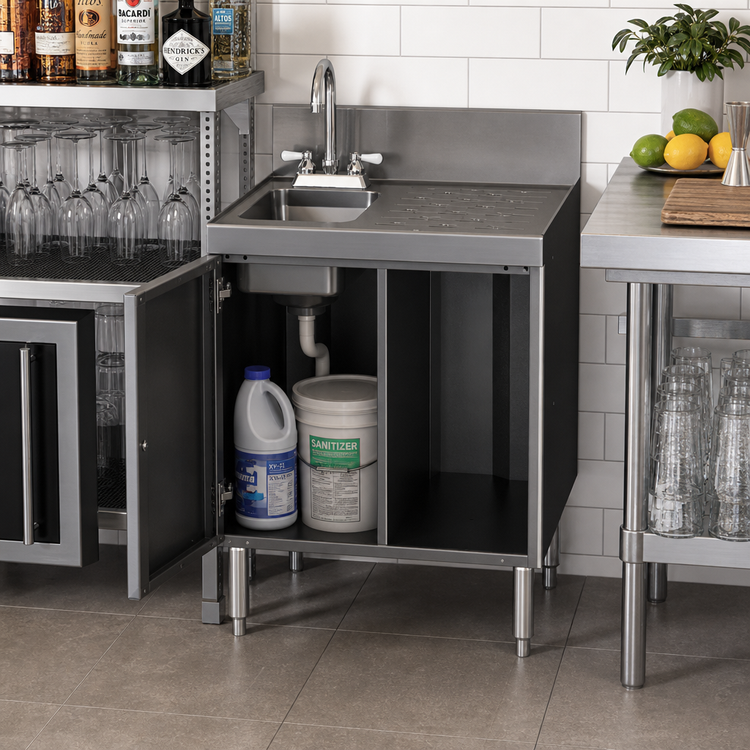 Product image #2 for Choice 24-Inch Stainless Steel Underbar Sink Cabinet with Right Drainboard, Single Hinged Door, and Chemical Storage