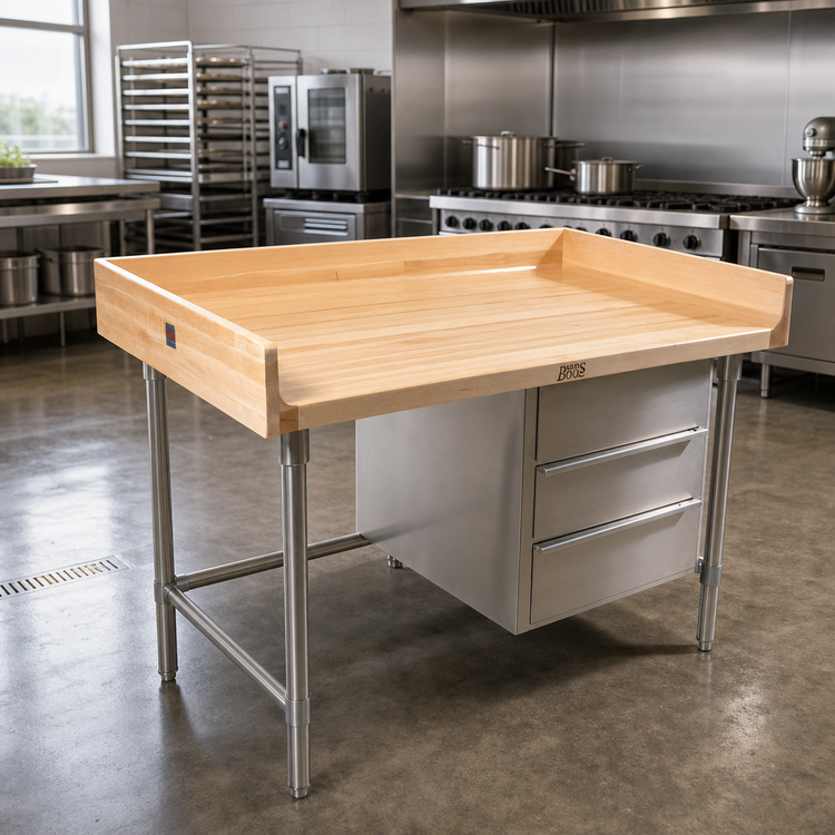 Product image #2 for John Boos 84-Inch Northern Hard Rock Maple Baker's Table with 3 Drawers and Stainless Steel Base