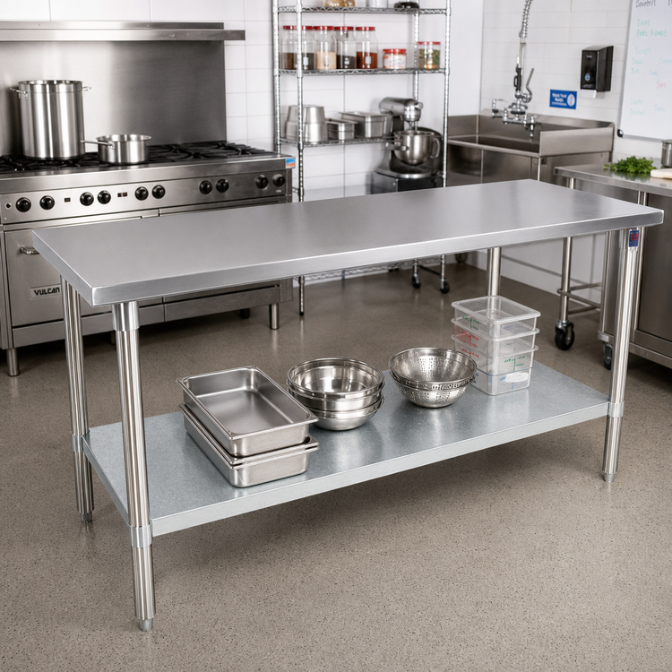 Product image #2 for John Boos Stallion 120" x 24" 14-Gauge 300 Series Stainless Steel Top Work Table with Galvanized Adjustable Undershelf