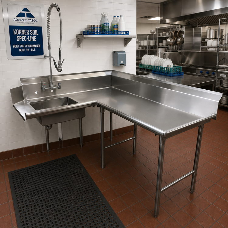Product image #2 for Advance Tabco Korner Soil Spec-Line Right-Hand L-Shaped Dish Table with Pre-Rinse Sink, 143 Inch, 14 Gauge 304 Stainless Steel