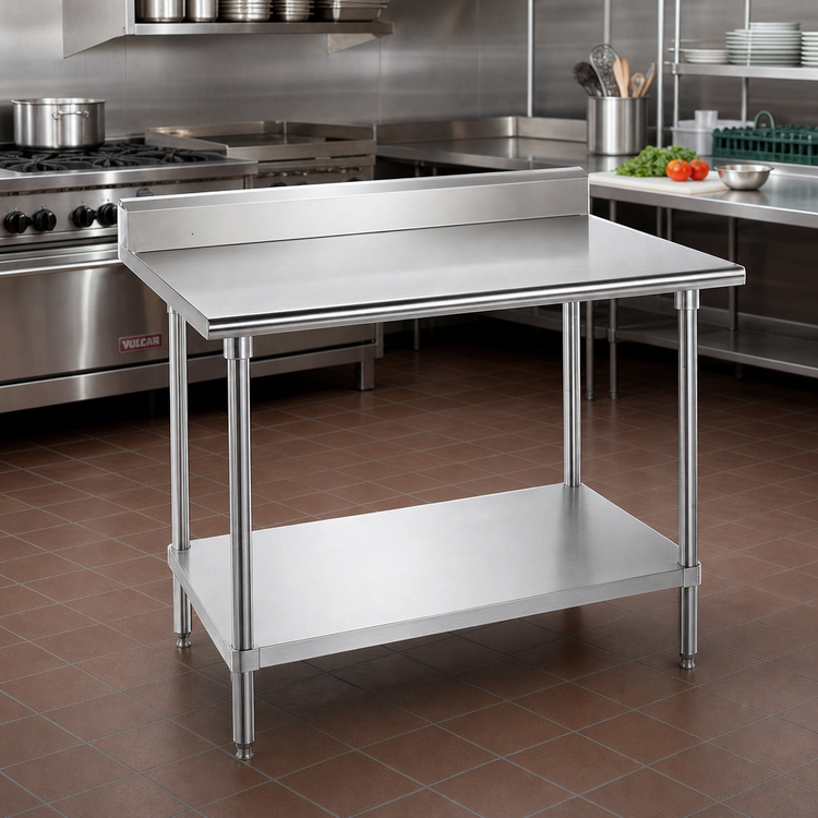Product image #2 for Advance Tabco 48-Inch x 24-Inch 16 Gauge 430 Stainless Steel Work Table with 5-Inch Backsplash and Adjustable Undershelf