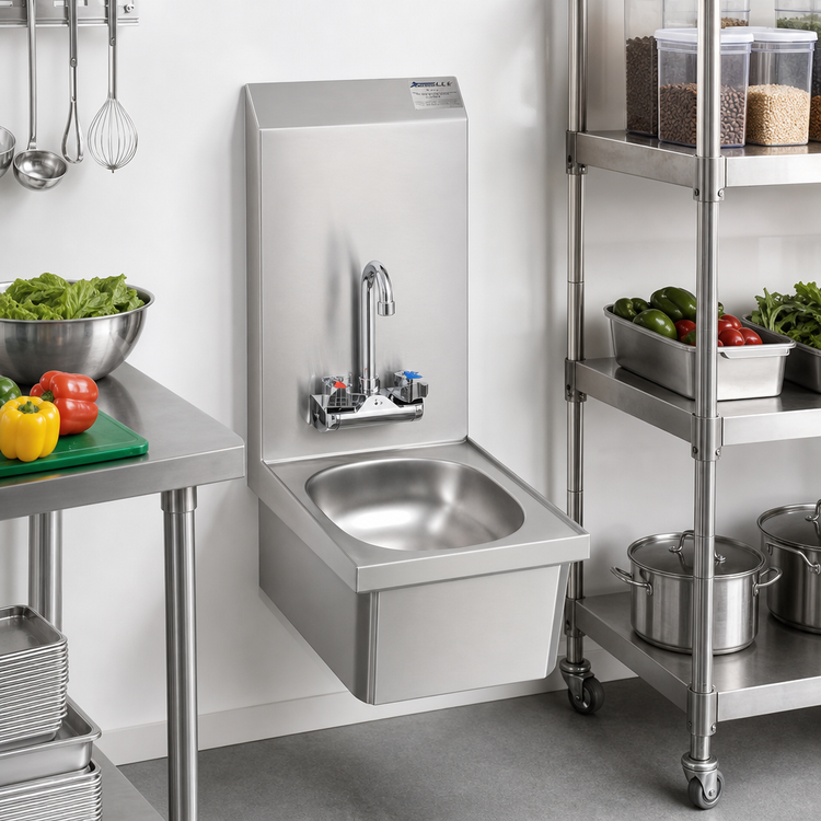 Product image #2 for Eagle Group Space-Saver Wall-Mount Hand Sink with 19.5-Inch Backsplash, Gooseneck Faucet, Basket Drain, and Skirt
