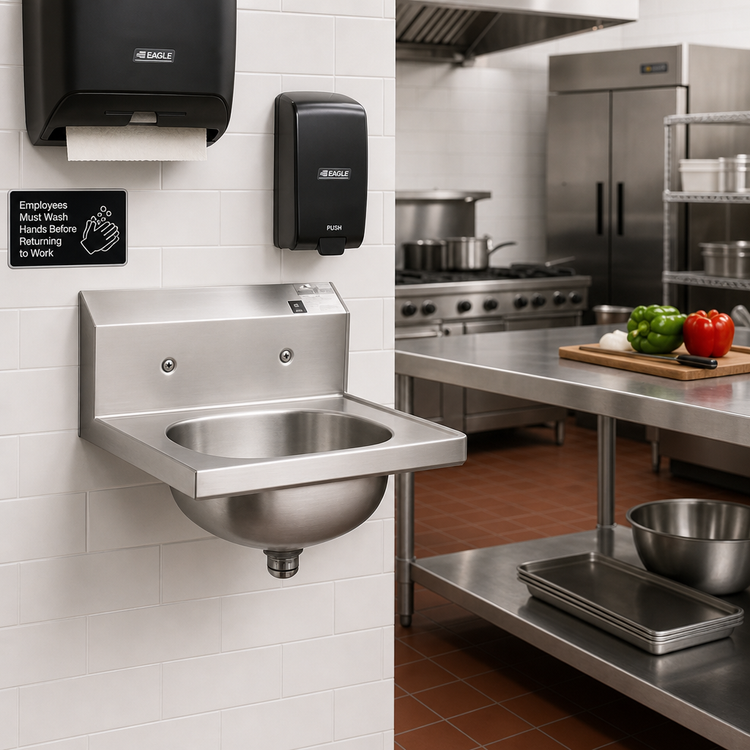 Product image #2 for Eagle Group Wall-Mount 304 Stainless Steel Hand Sink with Deep-Drawn Seamless Bowl