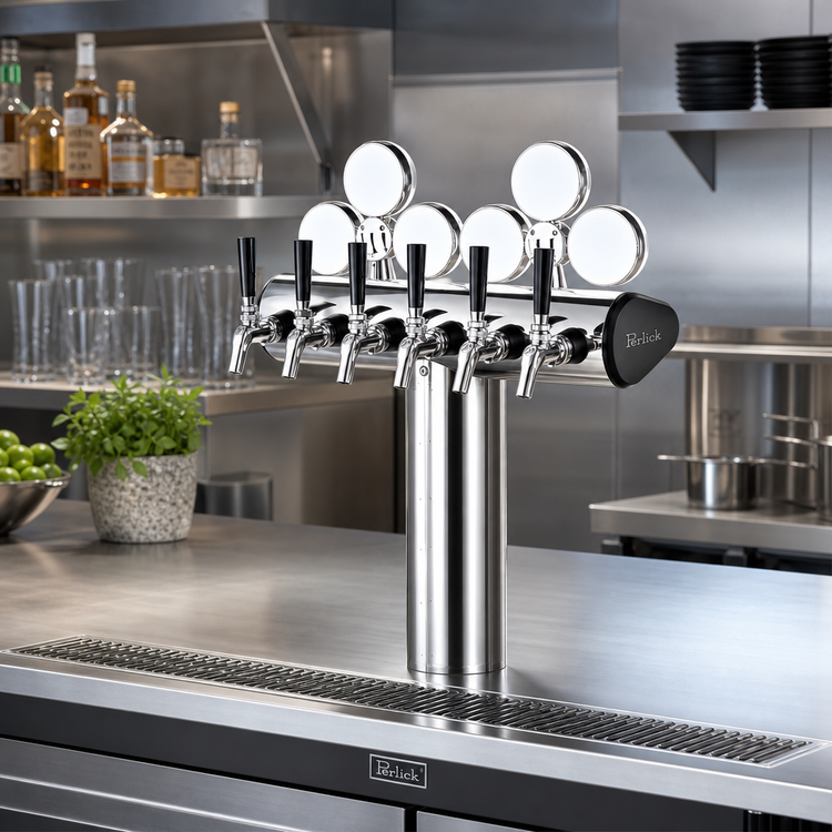 Product image #2 for Perlick Illuminated Winged Tee 5-Faucet Glycol-Cooled Countertop Beer Draft Tower, Stainless Steel Finish