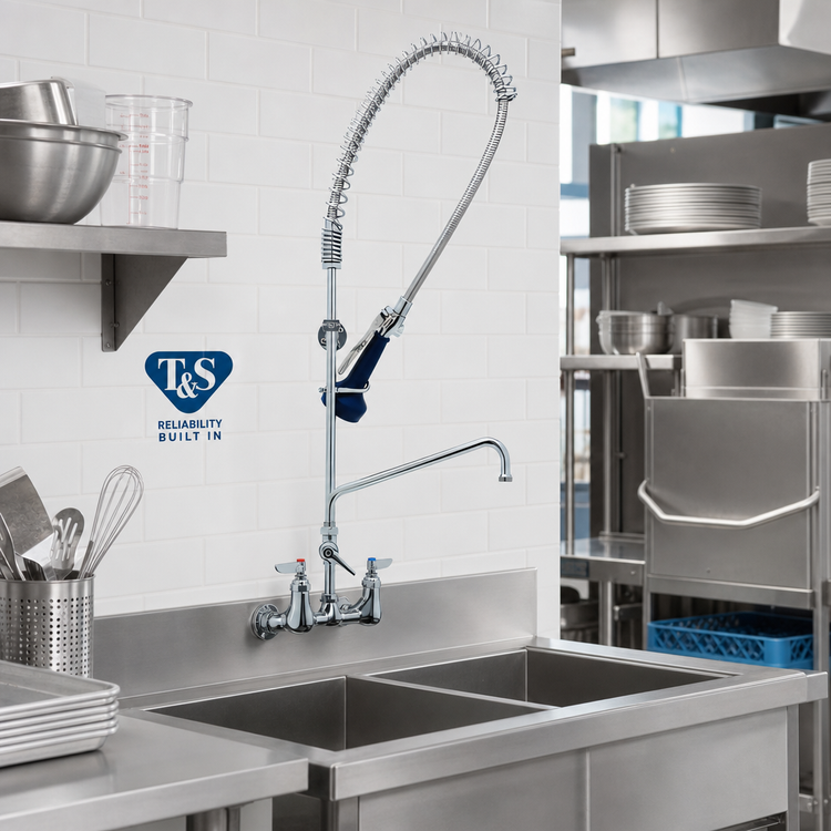 Product image #2 for T&S Brass EasyInstall 8-Inch Wall Mount Pre-Rinse Unit with Spring-Action Gooseneck, 8-Inch Add-On Faucet, and 0.65 GPM Spray Valve