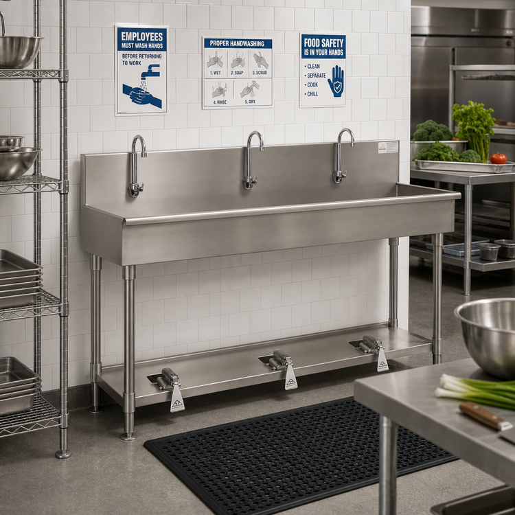 Product image #2 for Advance Tabco 3-Station 72-Inch Floor-Mounted Multiwash Hand Sink with Toe-Push Valves and Gooseneck Spouts