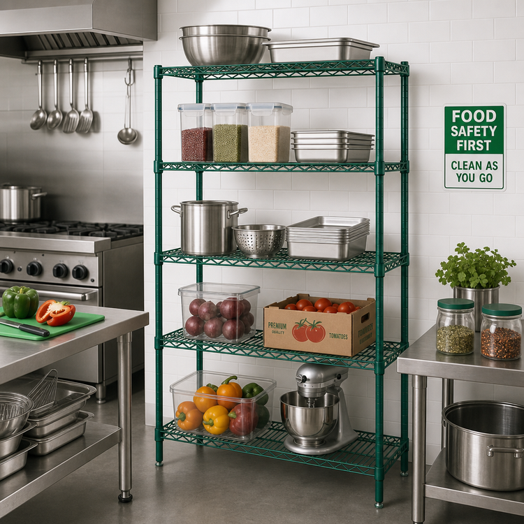 Product image #2 for Quantum 30-Inch Wide x 14-Inch Deep x 63-Inch High Stationary 5-Shelf Wire Shelving Starter Kit, Green Epoxy Finish