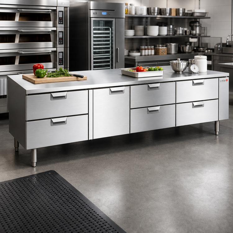 Product image #2 for La Rosa Self-Contained Reach-In Four-Section Freezer Base Equipment Stand with 1 Door and 6 Drawers, 104 Inch Stainless Steel