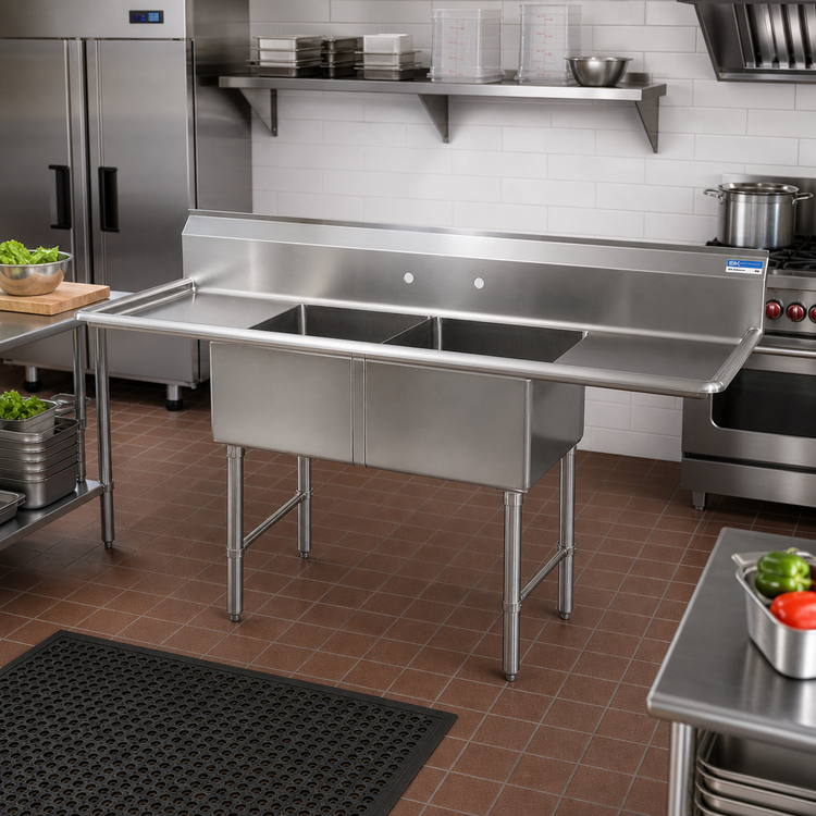 Product image #2 for BK Resources 68-Inch Freestanding 2-Compartment 18/304 Stainless Steel Sink with Left & Right Drainboards