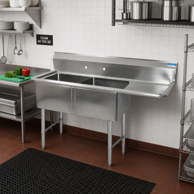 Product image #2 for BK Resources Two-Compartment Stainless Steel Sink with 24-Inch Right Drainboard, 24 x 24 x 14 Bowls, 74-1/2 Inch Wide