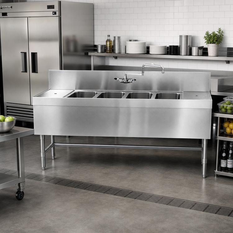 Product image #2 for Eagle Spec-Bar Four-Compartment Underbar Sink Unit with Left and Right Drainboards, 96 Inch W x 19 Inch D x 37 Inch H