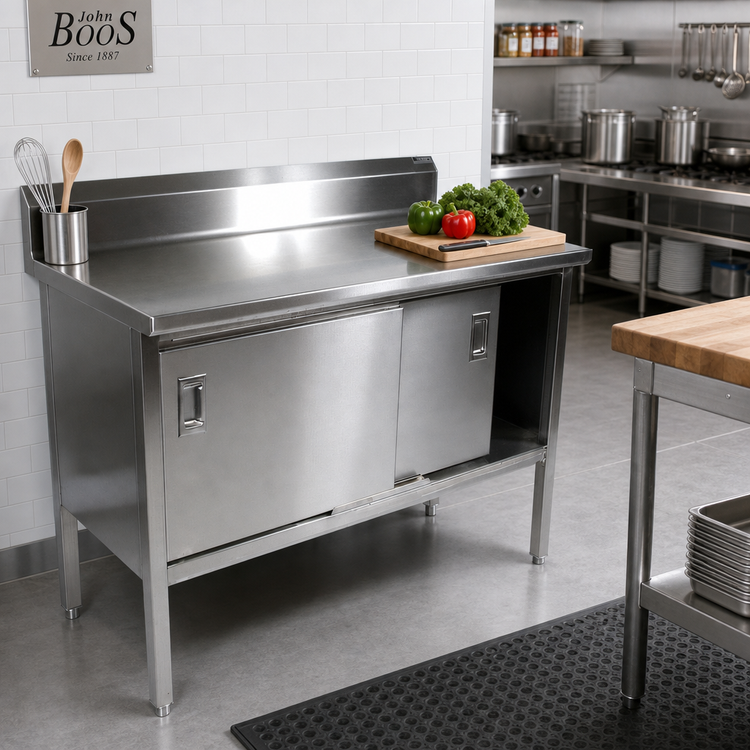 Product image #2 for John Boos Enclosed Work Table with Sliding Doors, 72 x 24 Inch, 14-Gauge 300 Series Stainless Steel Top, 5 Inch Backsplash