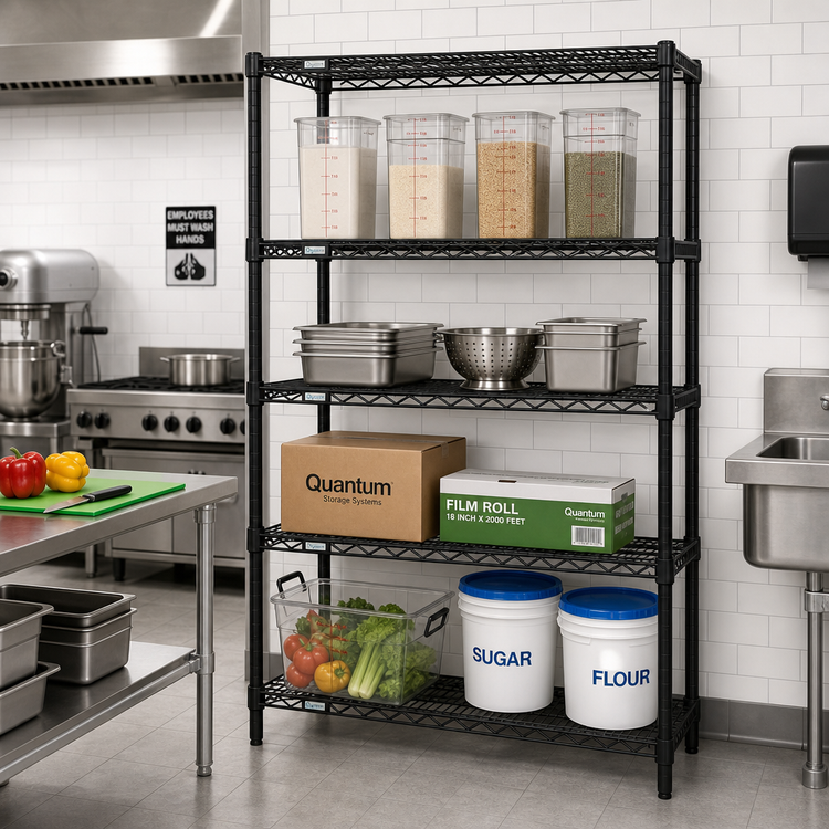 Product image #2 for Quantum Stationary Wire Shelving Starter Kit, 72W x 21D x 63H, Black Epoxy Antimicrobial Finish