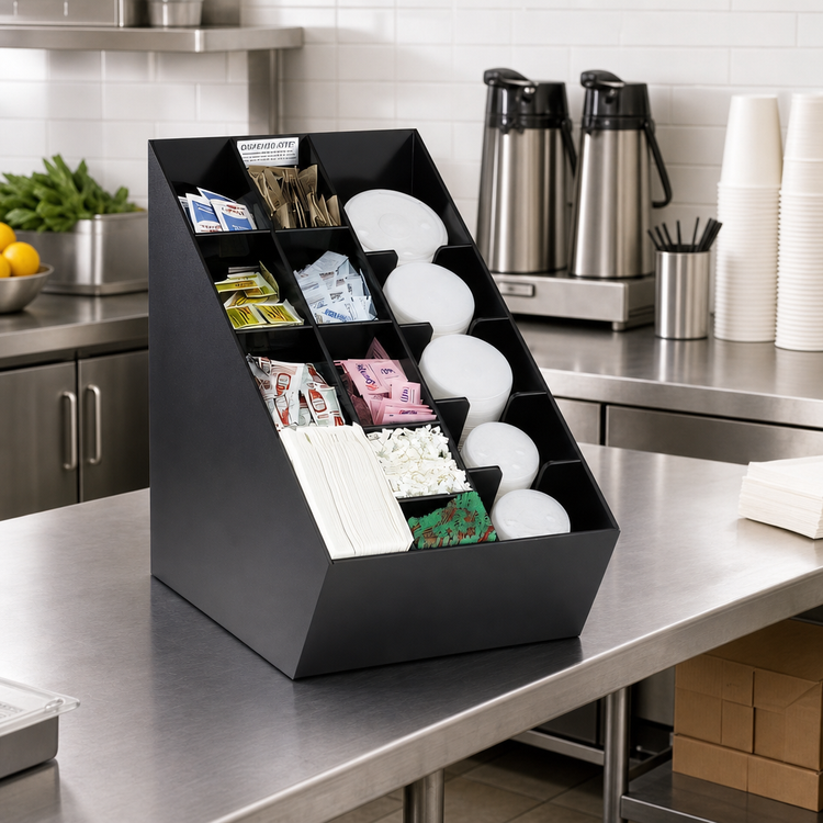 Product image #2 for Dispense-Rite NLO-CTVL Black Polystyrene Lid, Straw & Condiment Countertop Organizer