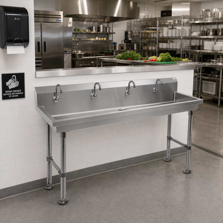 Product image #2 for Freestanding Multi-Station Stainless Steel Hand Wash Sink with 4 Single Faucet Holes, 80 Inch Wide, 5-Inch Deep Bowls