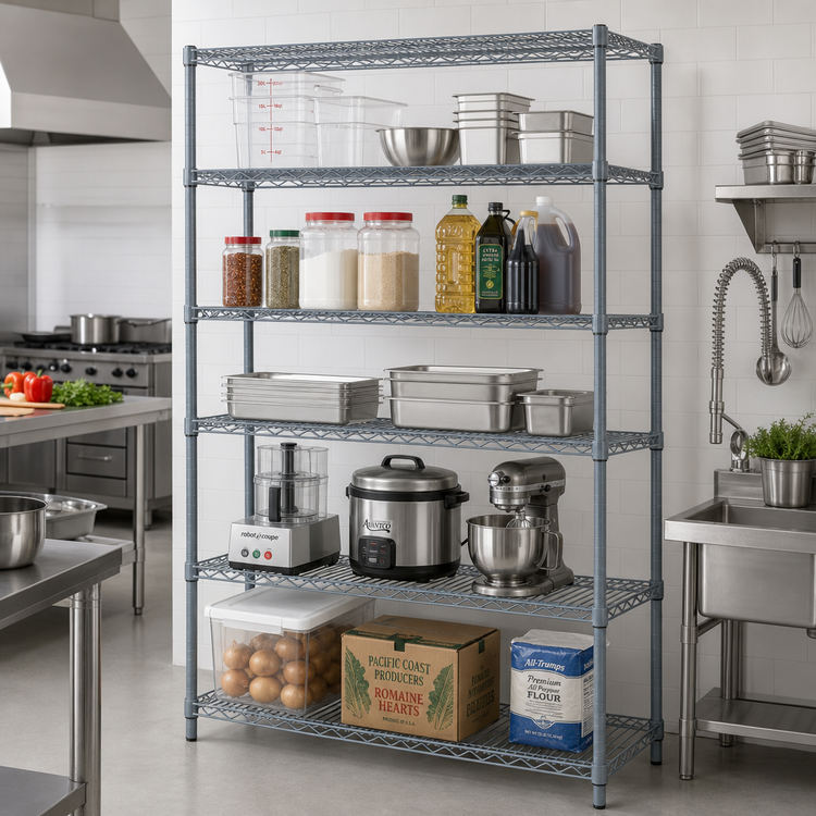 Product image #3 for Quantum 72"W x 21"D x 86"H 5-Shelf Wire Shelving Starter Kit, Stationary, Gray Epoxy Antimicrobial Finish
