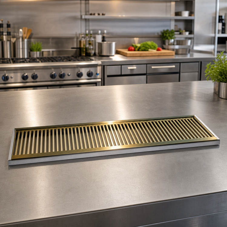 Product image #2 for 30-Inch Surface Mount Stainless Steel Drip Tray with PVD Brass Grid