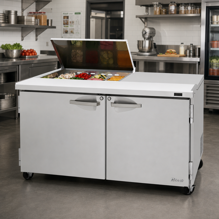 Product image #2 for Turbo Air PRO Series 60-Inch Two-Section Sandwich/Salad Prep Table with Flat Lid, 2 Doors, 8-Pan Top, Rear-Mount Self-Contained Refrigeration