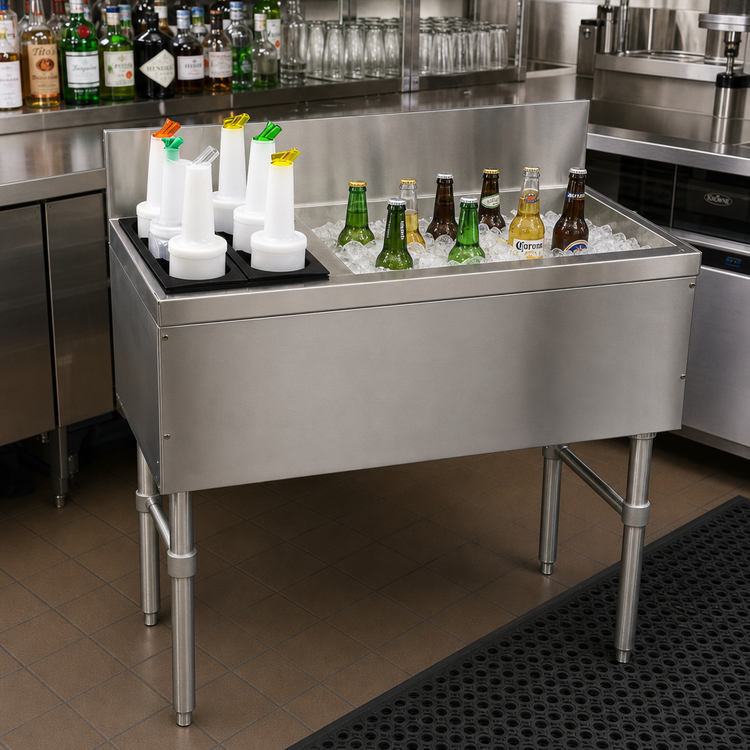 Product image #2 for Advance Tabco Prestige Supreme 42-Inch Stainless Steel Bar Ice Chest with Left Bottle Rack and 7-Inch Backsplash