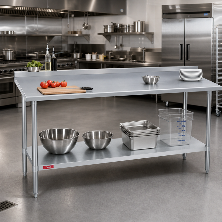 Product image #2 for Duke Deluxe Series Stainless Steel Work Table with 1-1/8-Inch Straight Riser, 144 x 30 Inch, Galvanized Undershelf