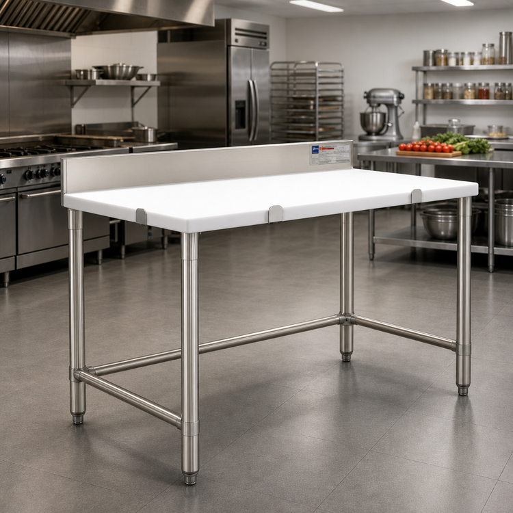 Product image #2 for 96 Inch x 30 Inch Poly Top Cutting Table with Removable 304 Stainless Steel Backsplash and Stainless Steel Tubular Base