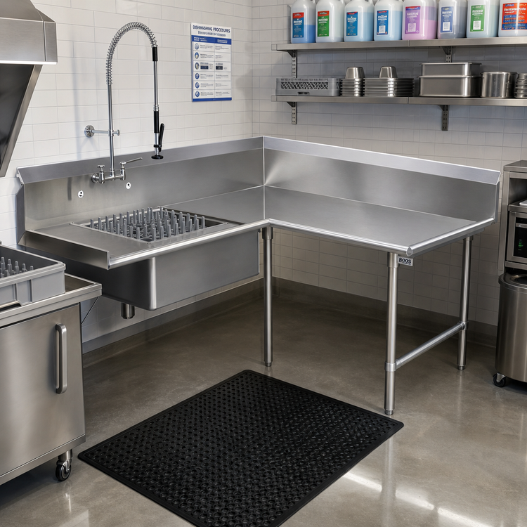 Product image #2 for John Boos Pro-Bowl L-Shaped Corner Soiled Dishtable, 60" Machine-to-Corner x 144" Corner-to-End, Right-to-Left, 16-Gauge Stainless Steel