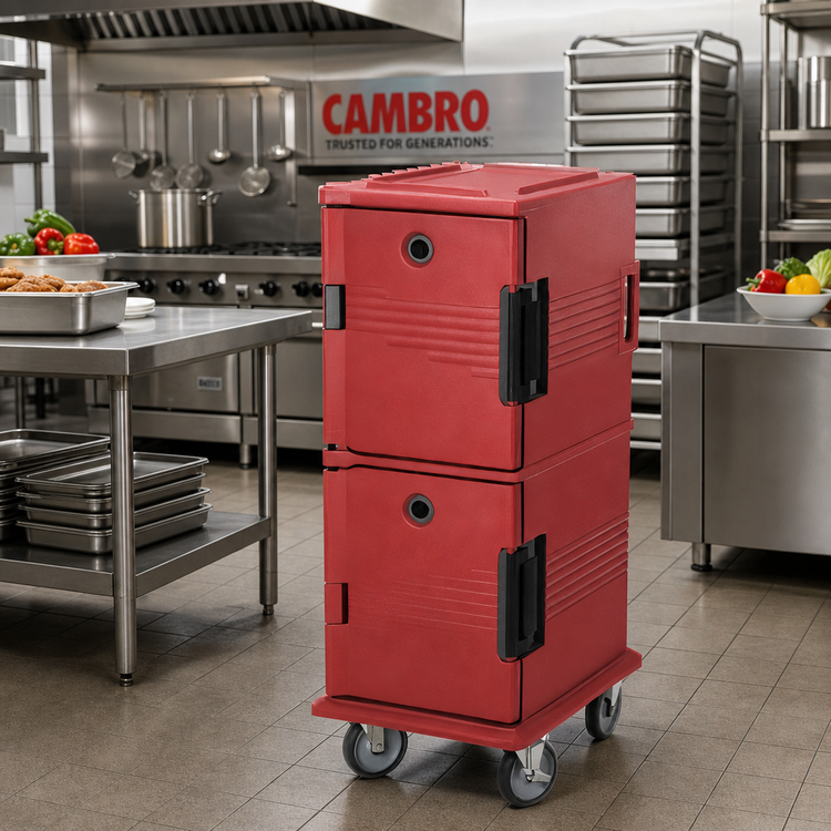 Product image #3 for Cambro Ultra Camcart® Double-Compartment Front-Loading Insulated Food Pan Carrier for Full-Size Pans, Security Package, Brick Red