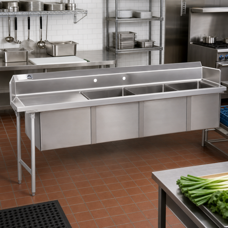 Product image #2 for Advance Tabco 66-Inch Left Drainboard 3-Compartment Sink Dishtable, 16-Gauge 304 Stainless Steel