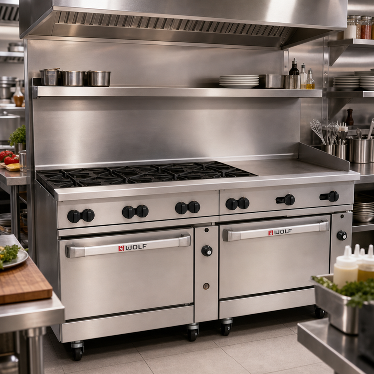 Product image #2 for Wolf Challenger XL 72-Inch Gas Restaurant Range with 8 Open Burners, 24-Inch Griddle, Standard Oven, and Convection Oven
