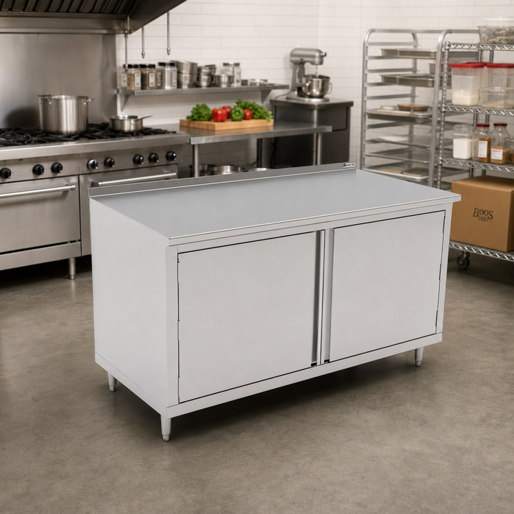 Product image #2 for John Boos Enclosed Cabinet Base Work Table, 72 x 36 in, 14-Gauge Stainless Steel Top, 1-1/2 in Rear Riser