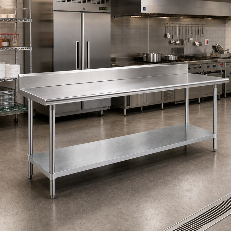 Product image #2 for Advance Tabco 120 Inch x 36 Inch 16 Gauge 430 Stainless Steel Work Table with 5 Inch Backsplash and Galvanized Undershelf