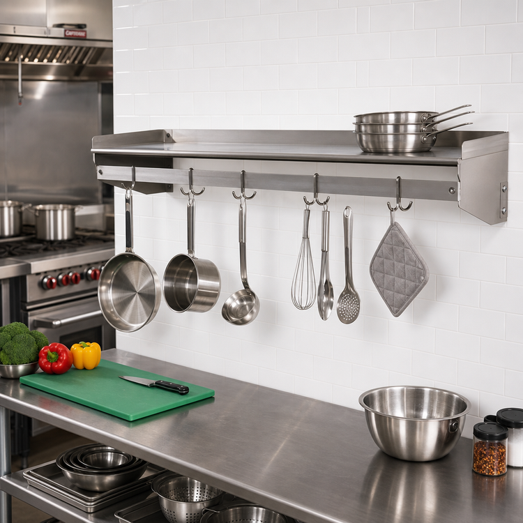 Product image #2 for Eagle Group Wall-Mount Stainless Steel Pot Rack Shelf with Removable Hooks, 48 x 10 Inches
