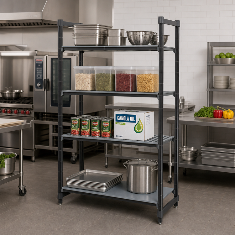 Product image #2 for Cambro Camshelving Basics Plus 4-Tier Stationary Starter Unit, 18 x 48 x 64 Inch, 3 Vented + 1 Solid Shelves, Brushed Graphite