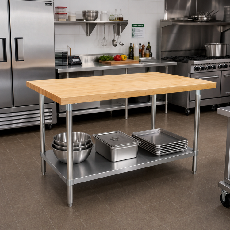 Product image #2 for Advance Tabco 60 Inch x 30 Inch Maple Top Work Table with Stainless Steel Legs and Adjustable Undershelf