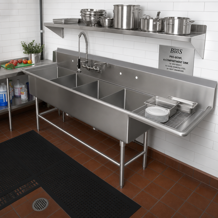 Product image #2 for John Boos Pro-Bowl 4-Compartment Sink with 24-Inch Right Drainboard, 14-Inch Deep Bowls, 16-Gauge Stainless Steel
