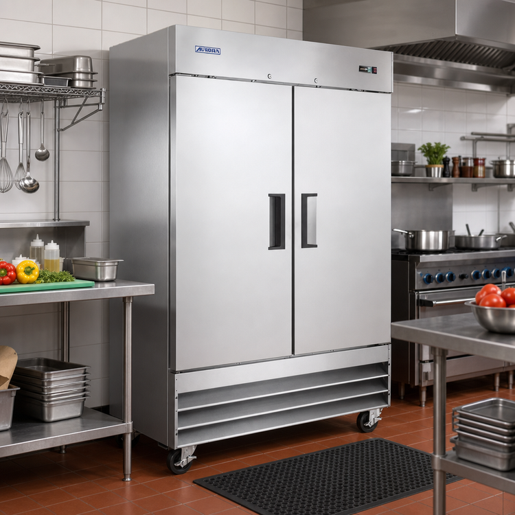 Product image #2 for Aurora 54-Inch Wide Two-Section Reach-In Freezer with Solid Hinged Doors, 41.3 Cu. Ft., Stainless Steel, Bottom-Mounted Self-Contained Refrigeration