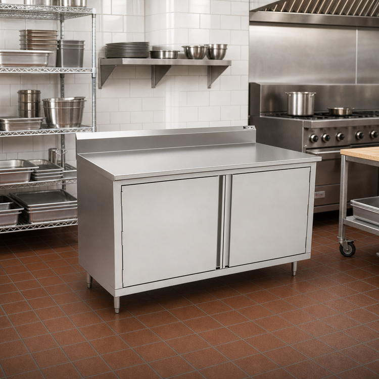 Product image #2 for John Boos 48-Inch x 30-Inch Stainless Steel Enclosed Work Table with Hinged Doors and 5-Inch Backsplash