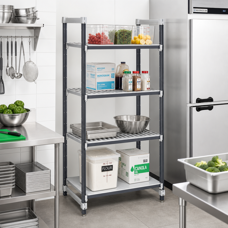 Product image #2 for Cambro Camshelving Elements XTRA Stationary Starter Polymer Shelving Unit, 18" W x 42" L x 64" H, 4-Tier, 3 Vented + 1 Solid, Speckled Gray