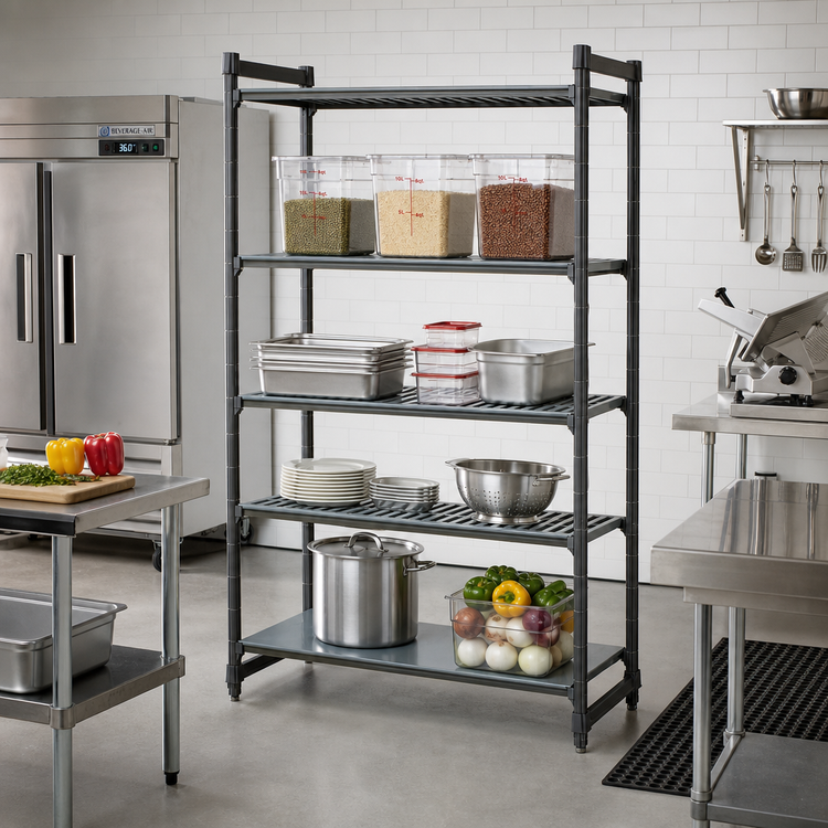Product image #2 for Cambro Camshelving Basics Plus 4-Shelf Stationary Starter Polymer Shelving Unit, 21 x 36 x 72 Inches, Vented and Solid, Brushed Graphite