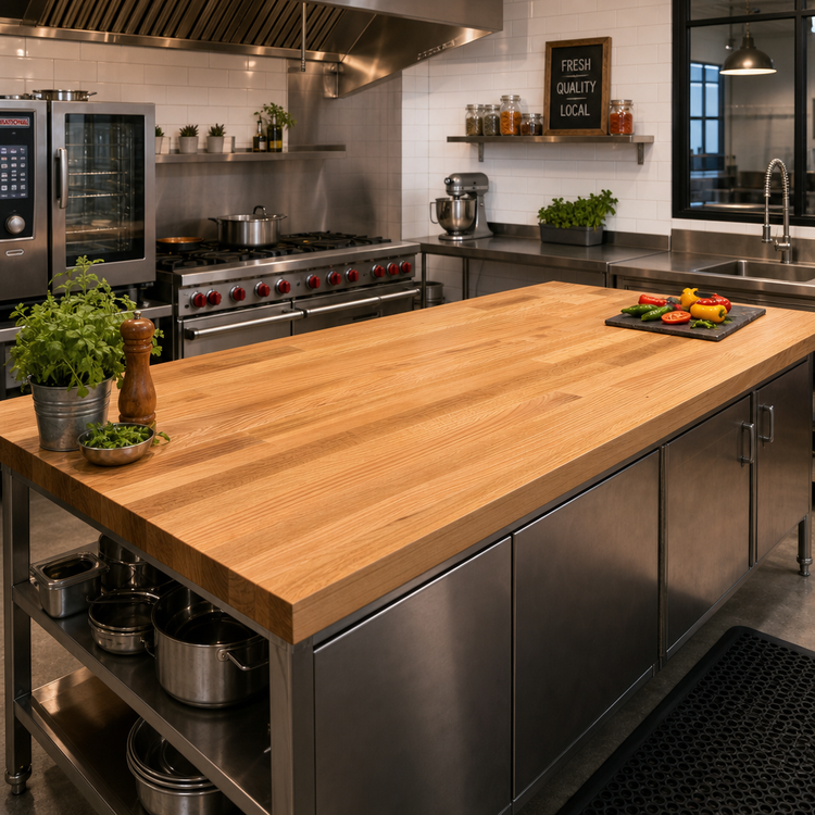 Product image #2 for Appalachian Red Oak Kitchen Countertop, Blended Rails, Edge Grain, 84 x 25 x 1-1/2 Inch, Varnique Finish